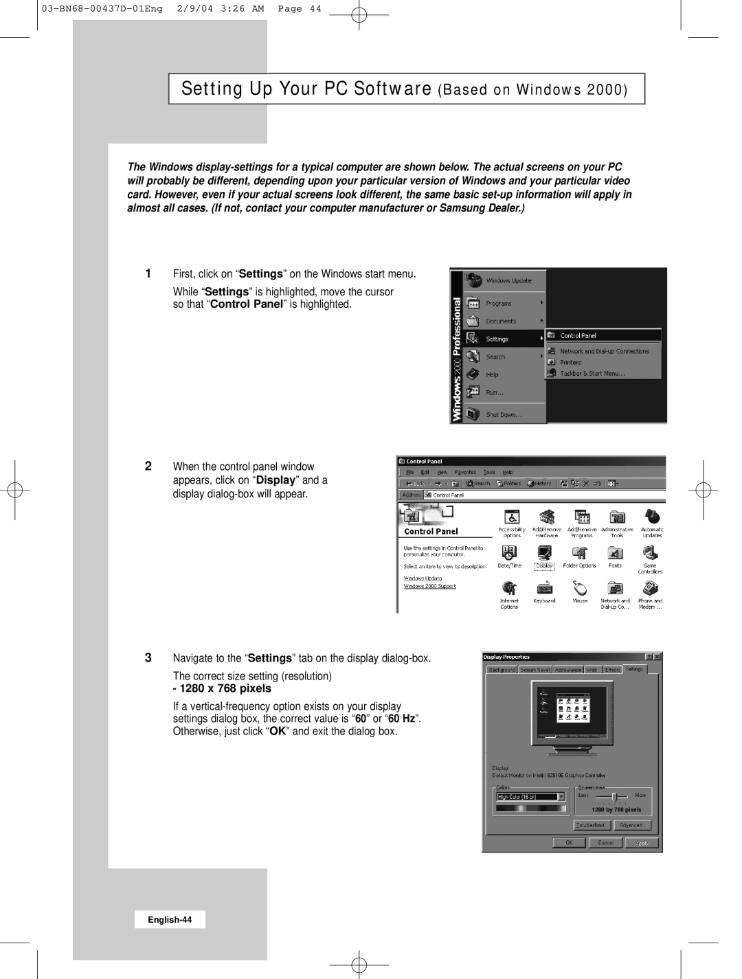 Samsung LW17N23N manual Setting Up Your PC Software Based on Windows, 1280 x 768 pixels 