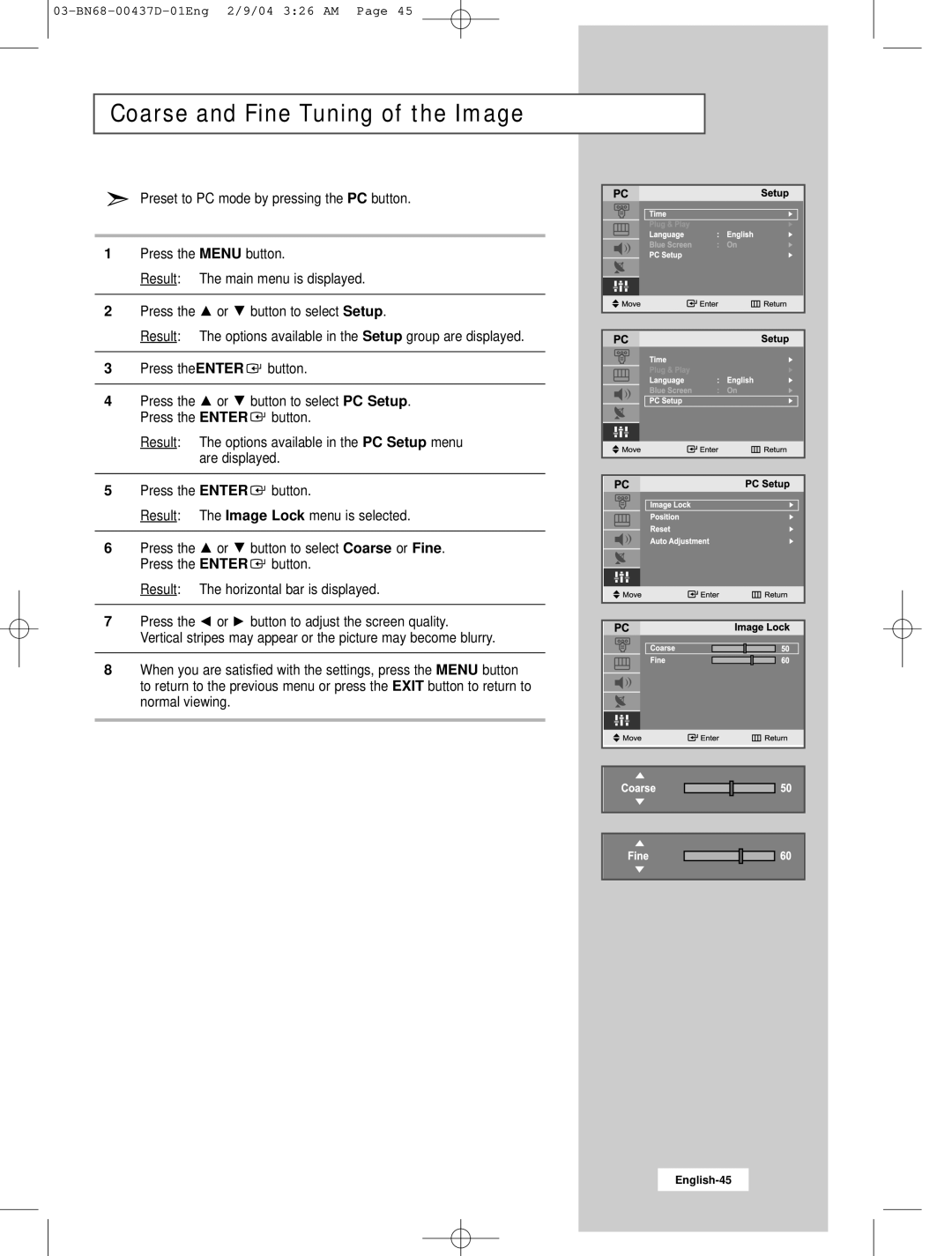 Samsung LW17N23N manual Coarse and Fine Tuning of the Image 