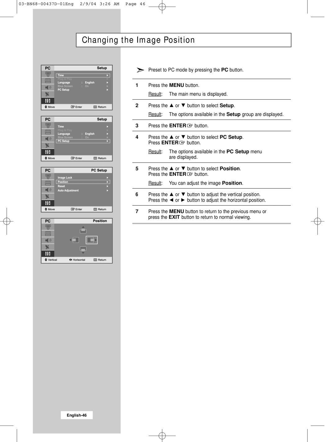 Samsung LW17N23N manual Changing the Image Position 