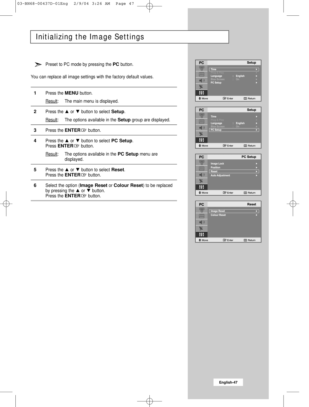 Samsung LW17N23N manual Initializing the Image Settings 