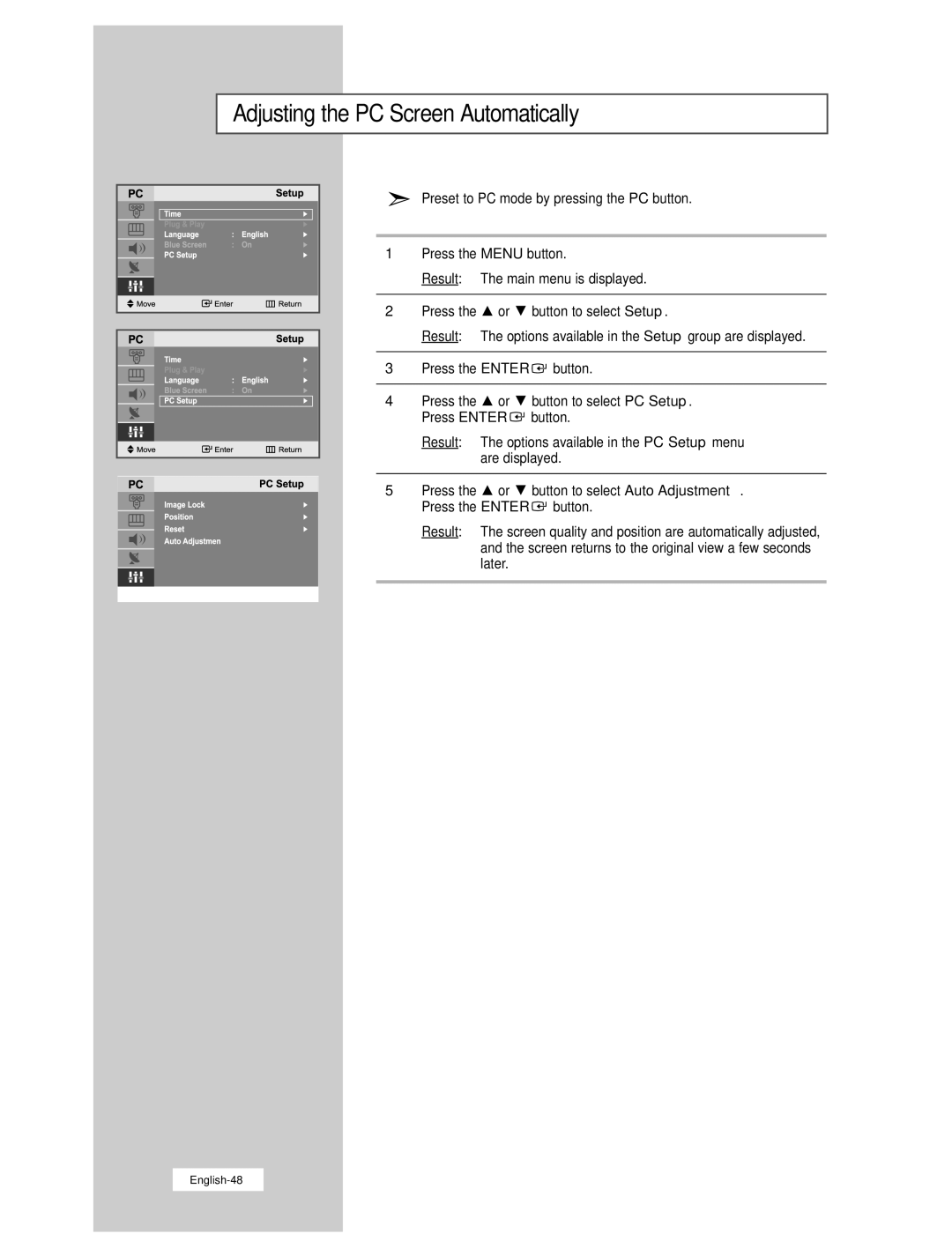 Samsung LW17N23N manual Adjusting the PC Screen Automatically 