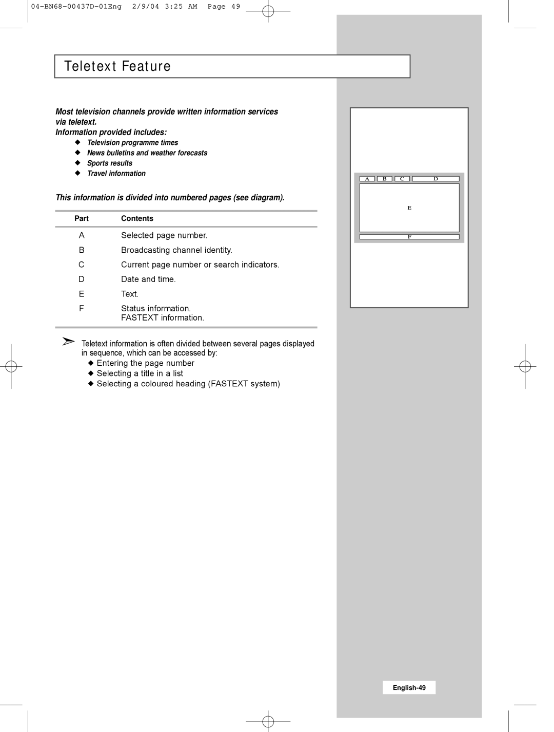 Samsung LW17N23N manual Teletext Feature, This information is divided into numbered pages see diagram 