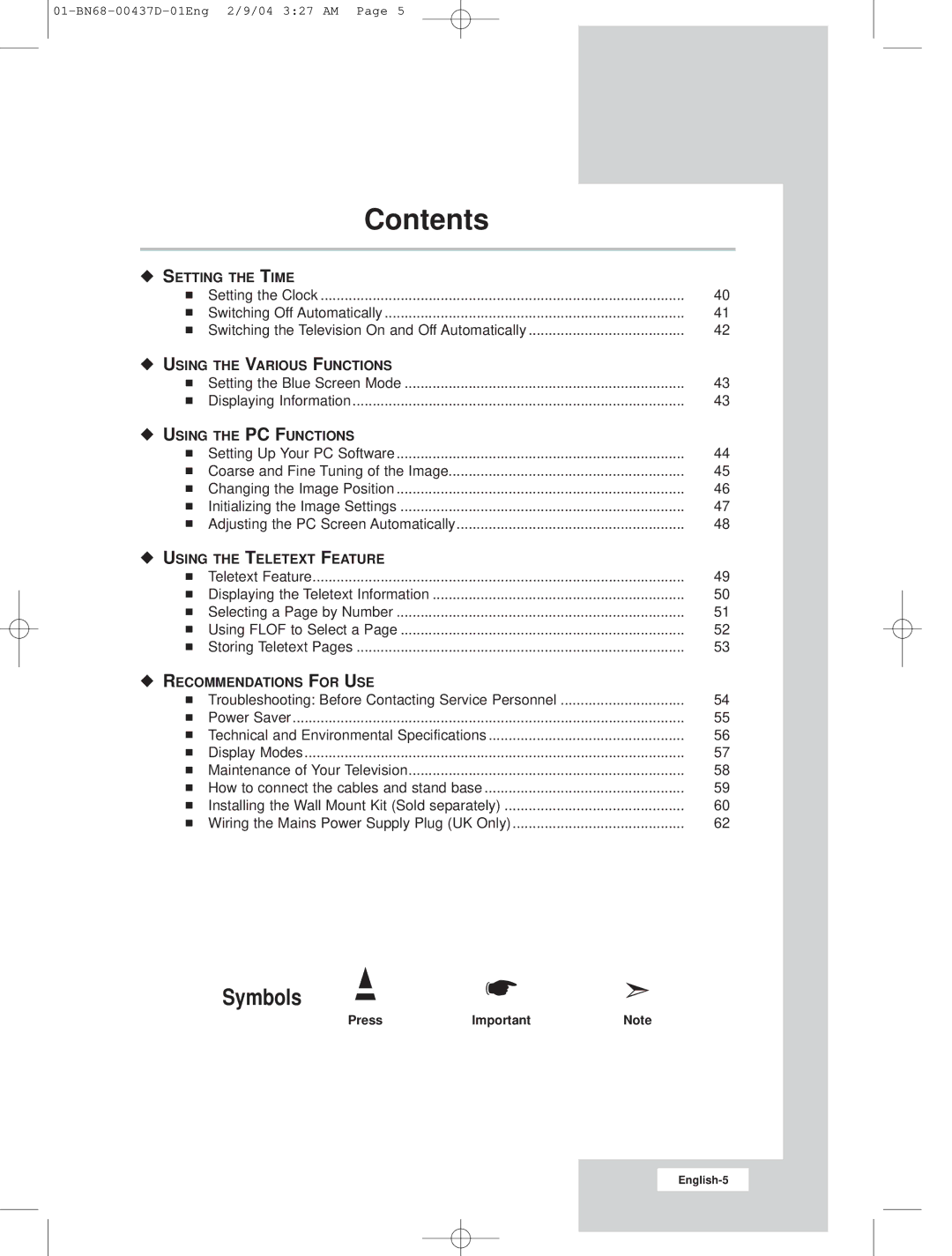 Samsung LW17N23N manual Symbols 