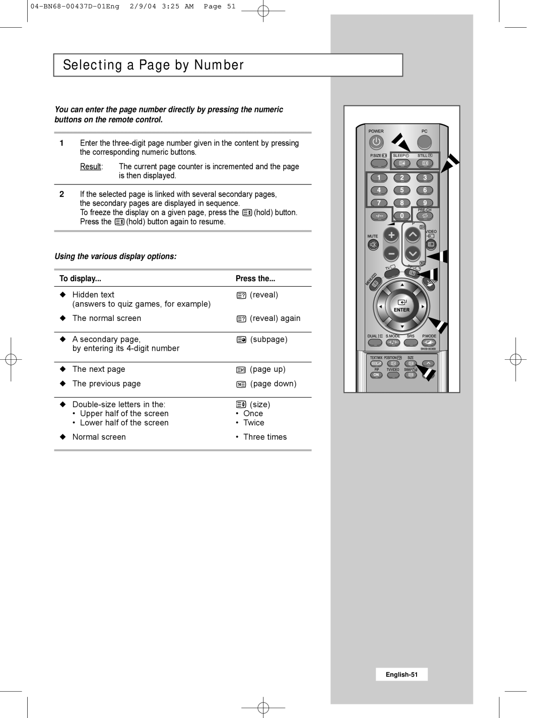 Samsung LW17N23N manual Selecting a Page by Number, Using the various display options 