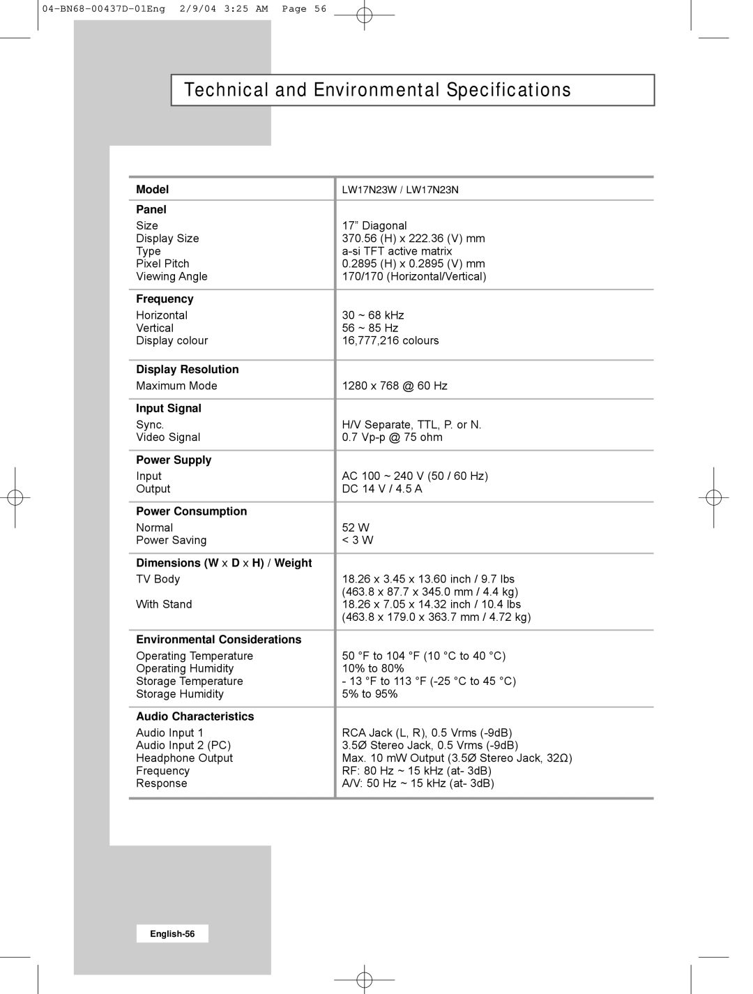 Samsung LW17N23N manual Technical and Environmental Specifications 