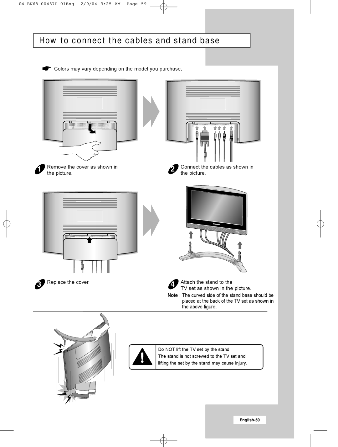 Samsung LW17N23N manual How to connect the cables and stand base, Picture Replace the cover Attach the stand to 