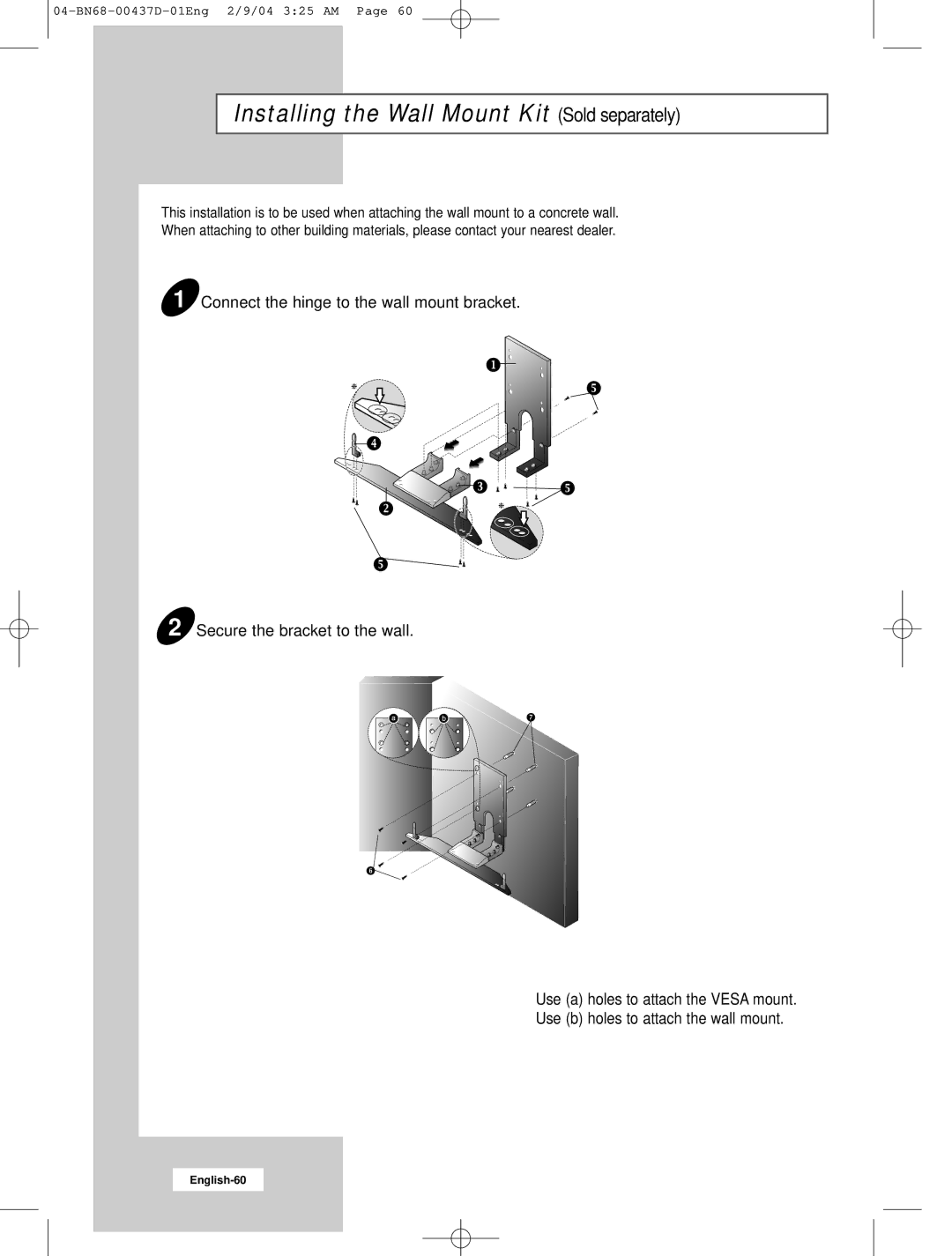 Samsung LW17N23N manual Installing the Wall Mount Kit Sold separately 