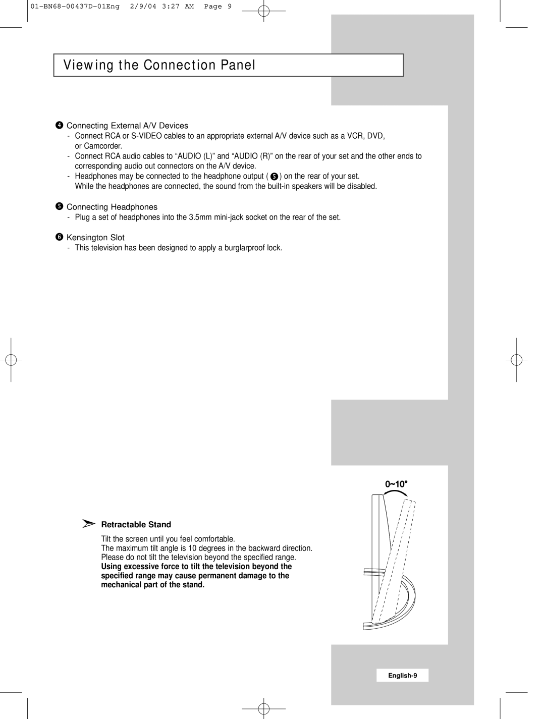 Samsung LW17N23N manual Connecting External A/V Devices, Connecting Headphones, Kensington Slot, Retractable Stand 