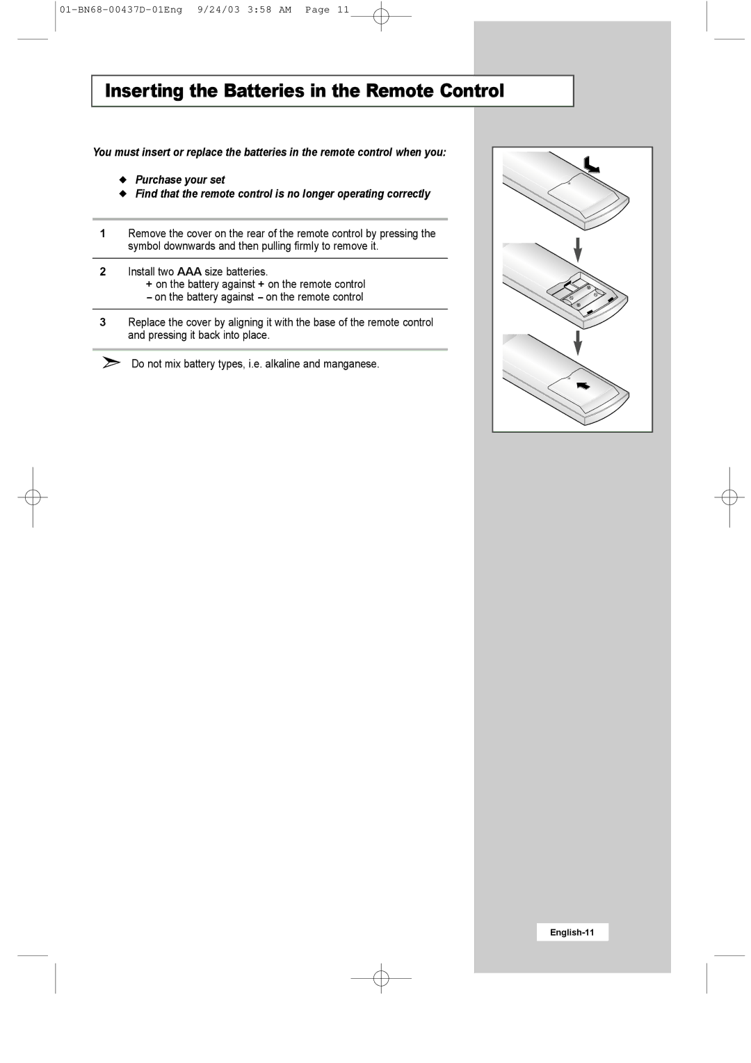 Samsung LW17N23W manual Inserting the Batteries in the Remote Control 