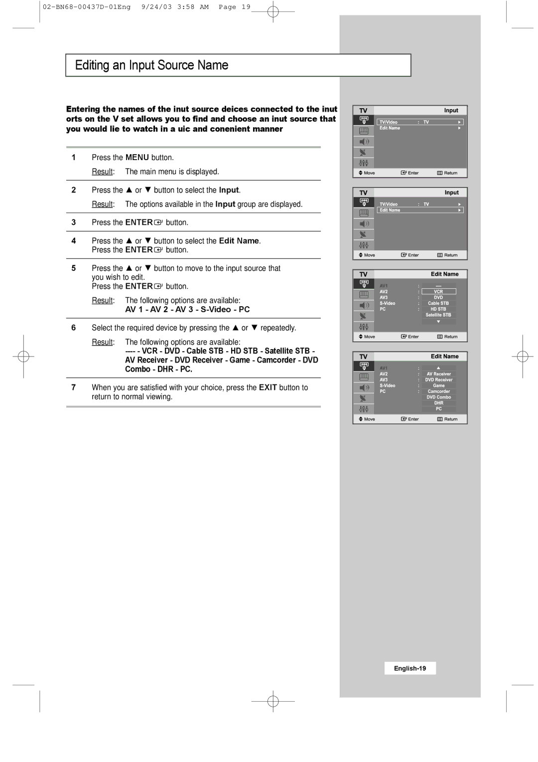 Samsung LW17N23W manual Editing an Input Source Name, AV 1 AV 2 AV 3 S-Video PC 