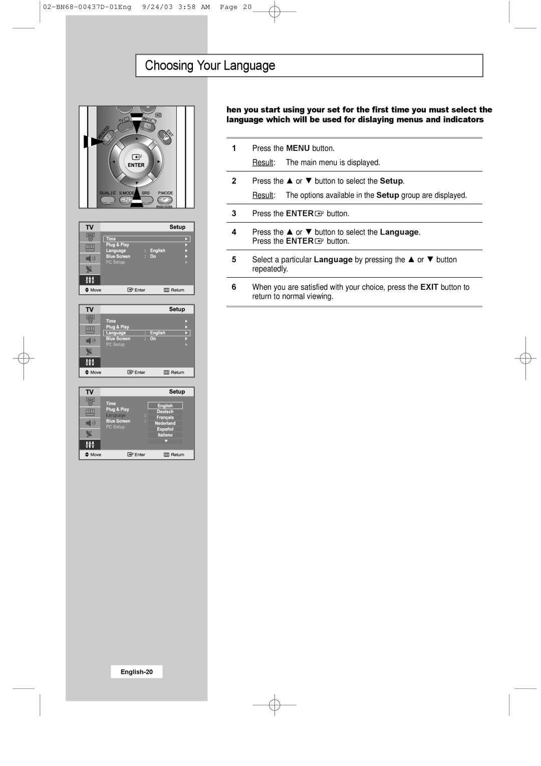 Samsung LW17N23W manual Choosing Your Language 