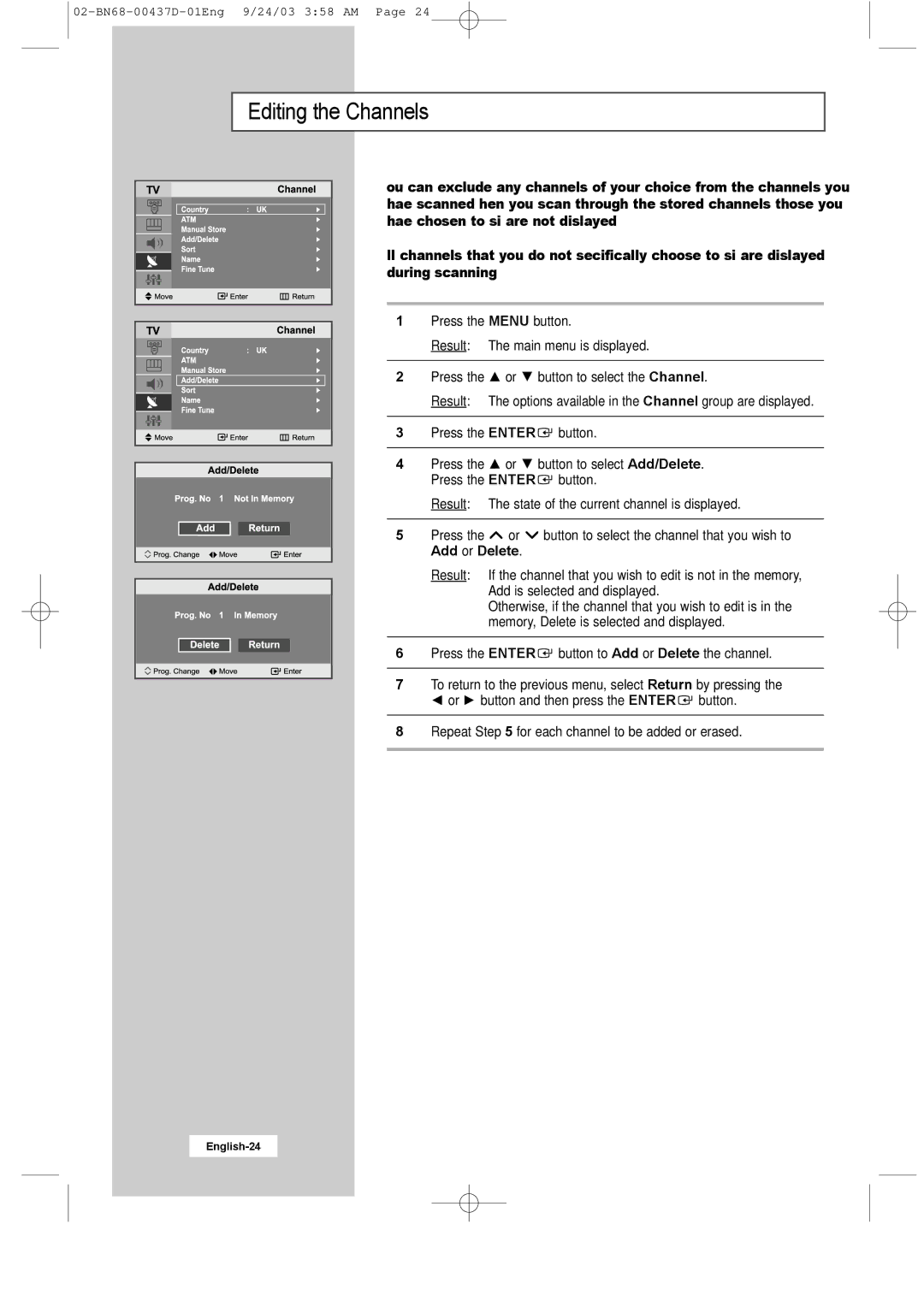 Samsung LW17N23W manual Editing the Channels 