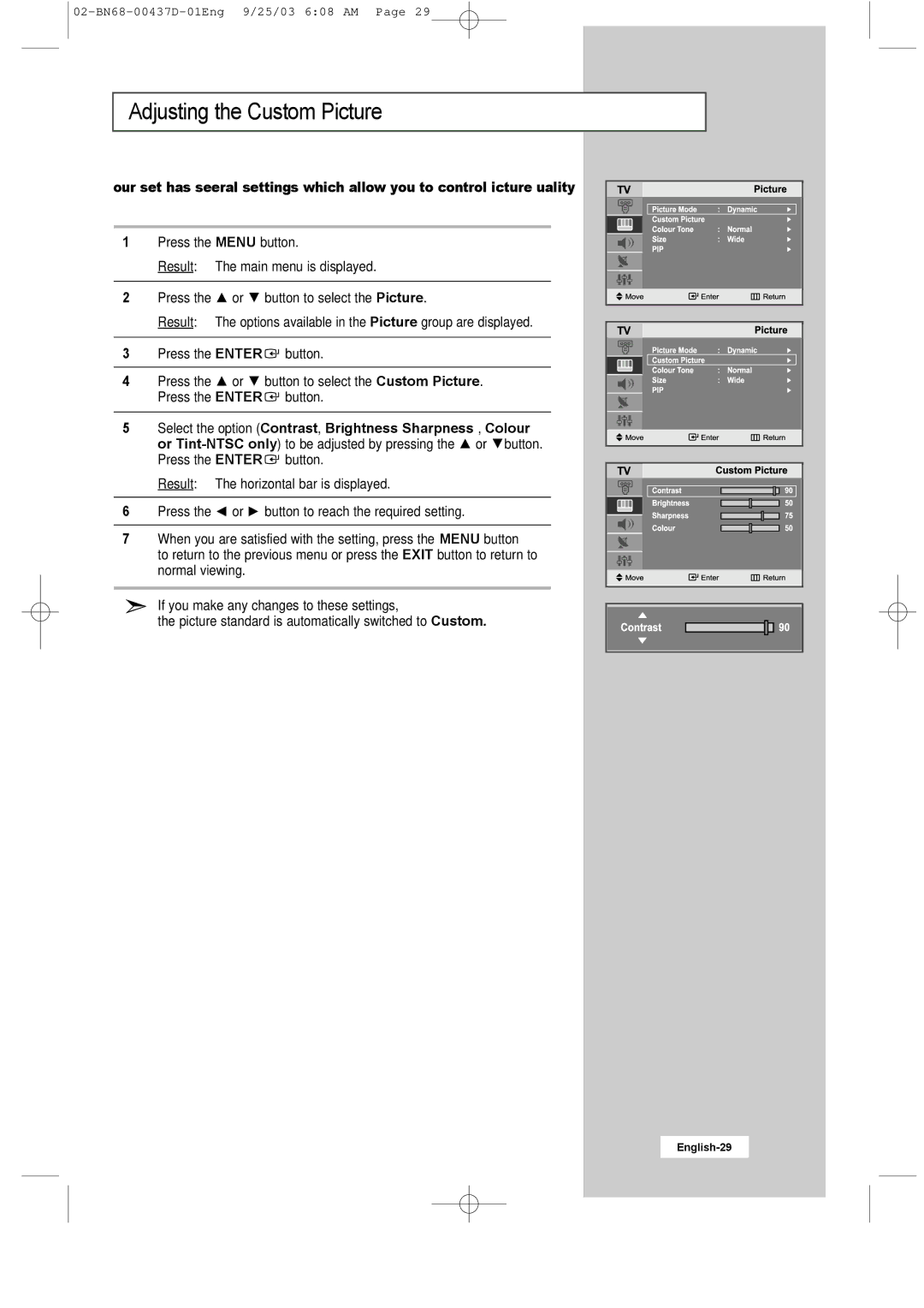 Samsung LW17N23W manual Adjusting the Custom Picture 