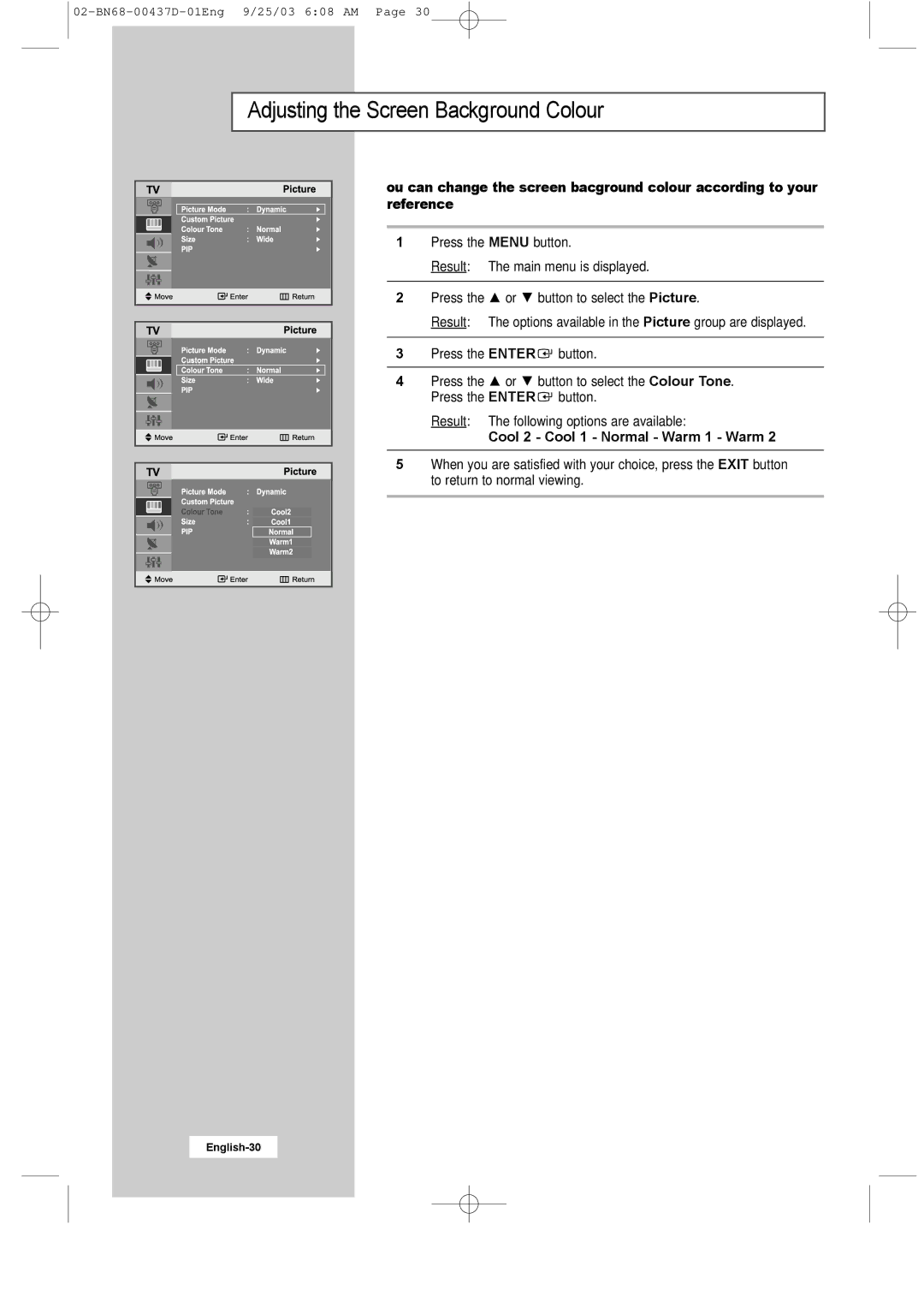 Samsung LW17N23W manual Adjusting the Screen Background Colour, Cool 2 Cool 1 Normal Warm 1 Warm 