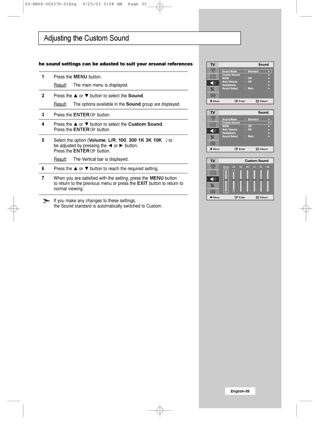 Samsung LW17N23W manual Adjusting the Custom Sound 