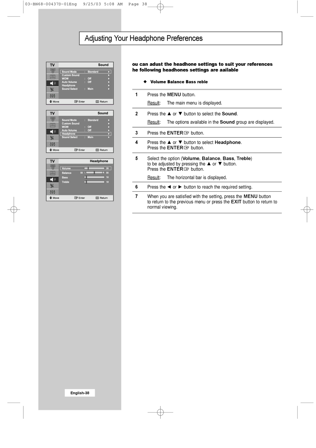 Samsung LW17N23W manual Adjusting Your Headphone Preferences 