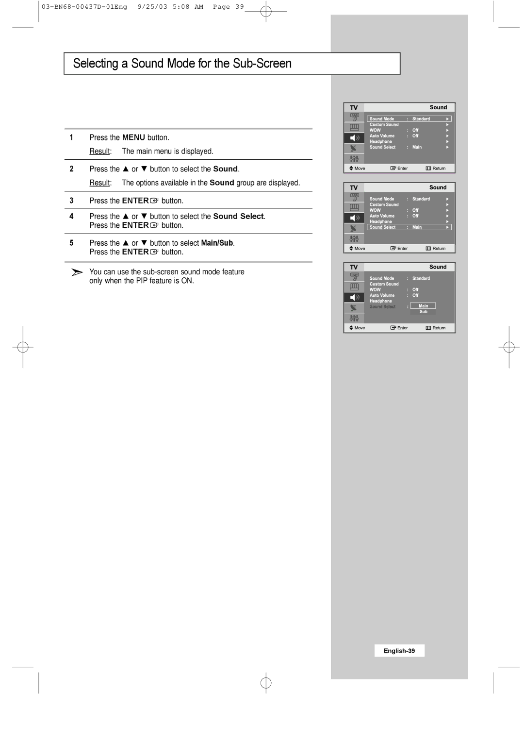 Samsung LW17N23W manual Selecting a Sound Mode for the Sub-Screen 