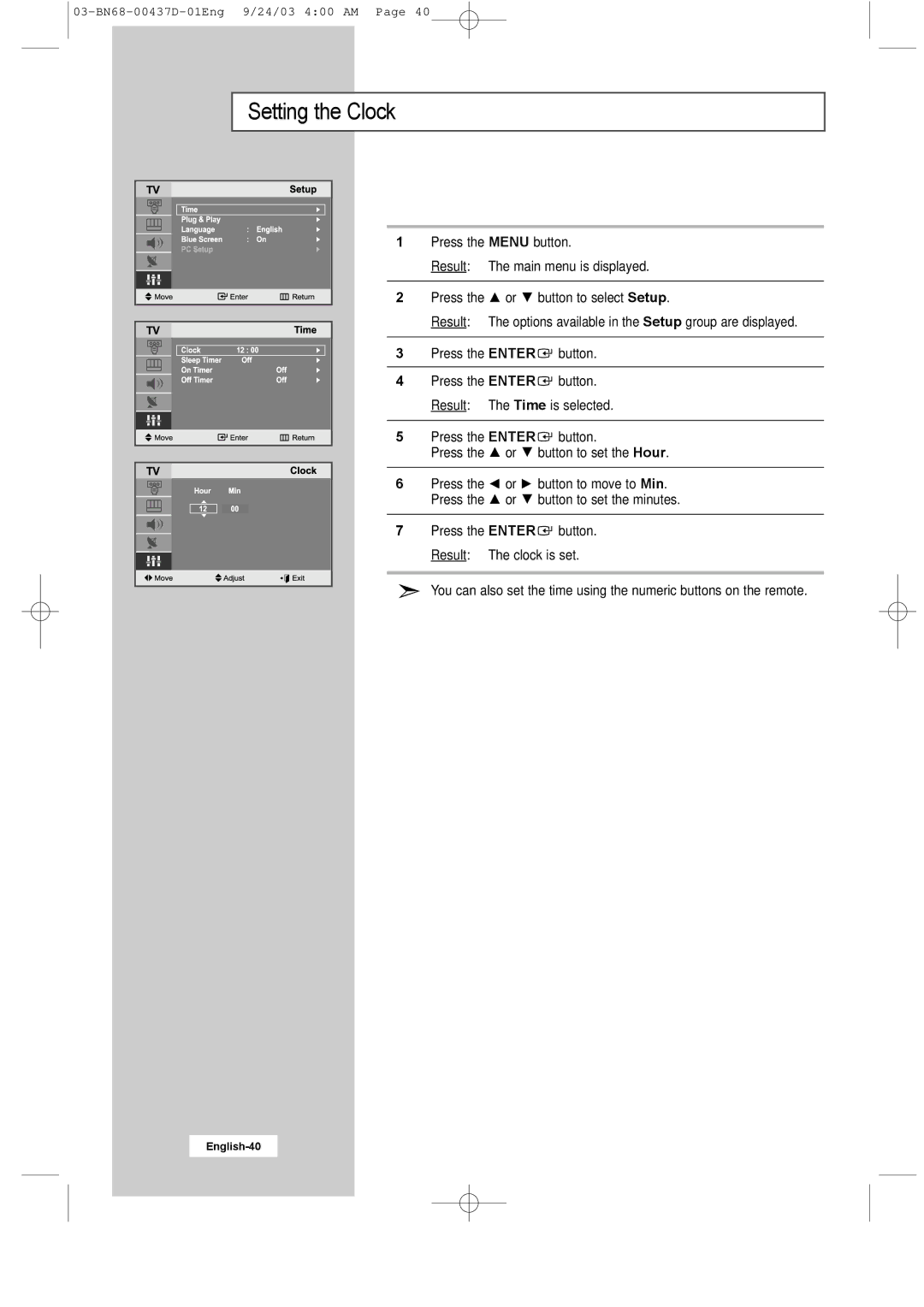 Samsung LW17N23W manual Setting the Clock 