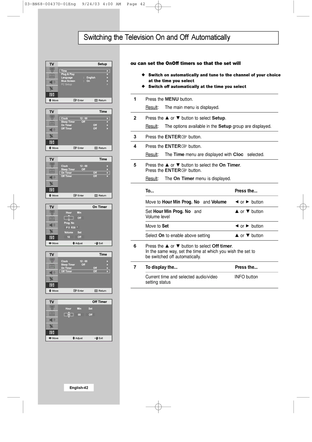 Samsung LW17N23W Switching the Television On and Off Automatically, You can set the On/Off timers so that the set will 