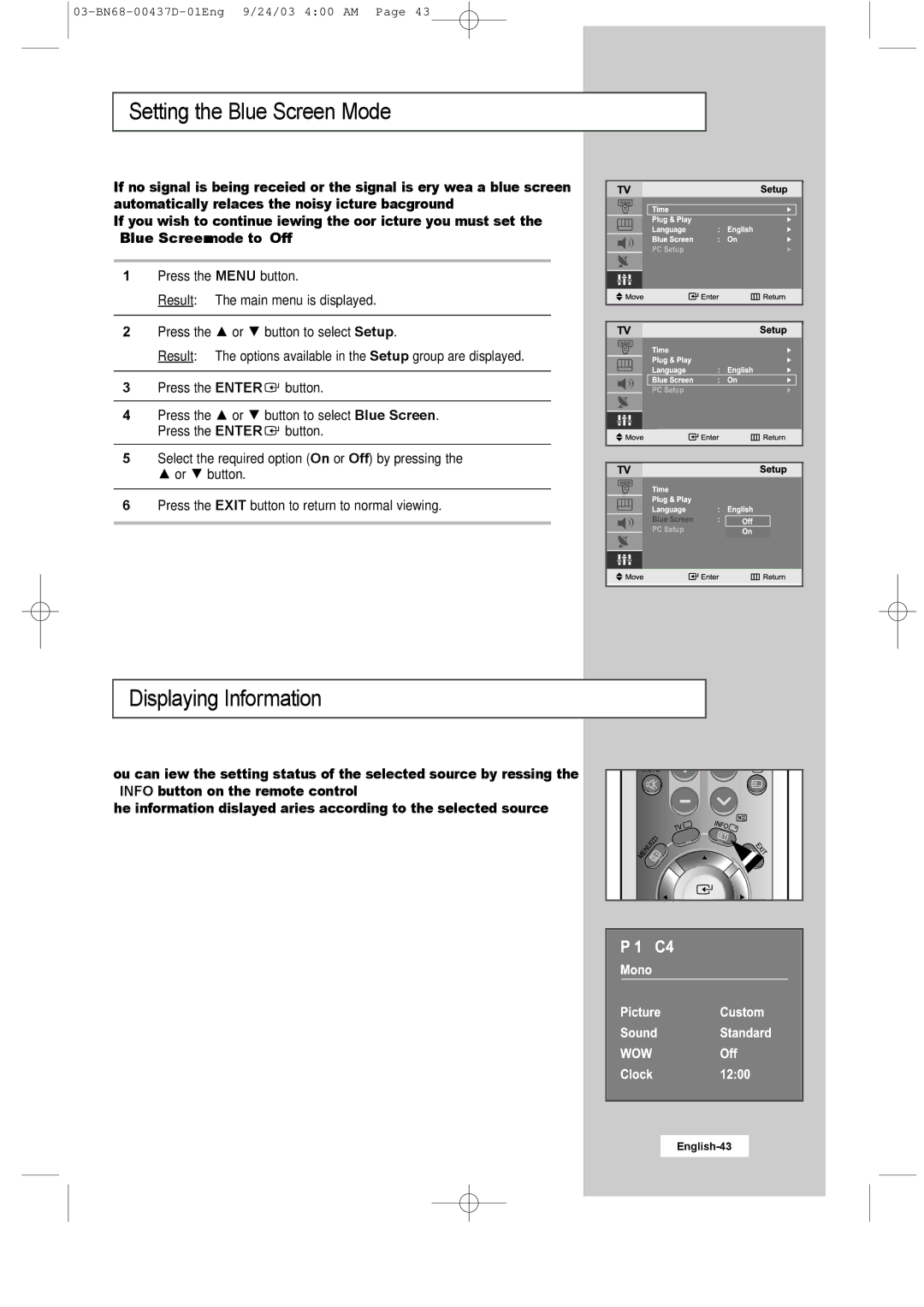 Samsung LW17N23W manual Setting the Blue Screen Mode, Displaying Information 