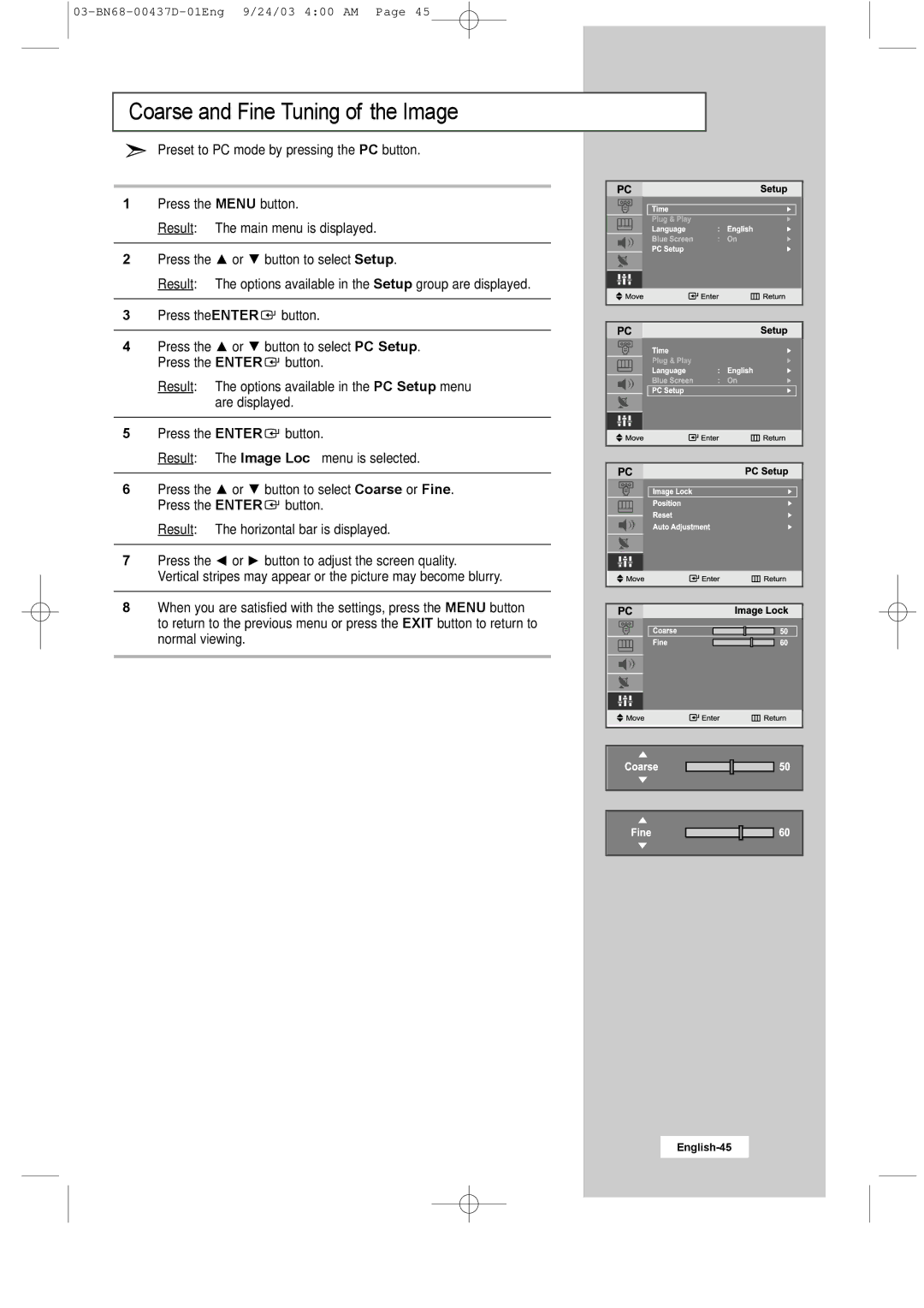 Samsung LW17N23W manual Coarse and Fine Tuning of the Image 