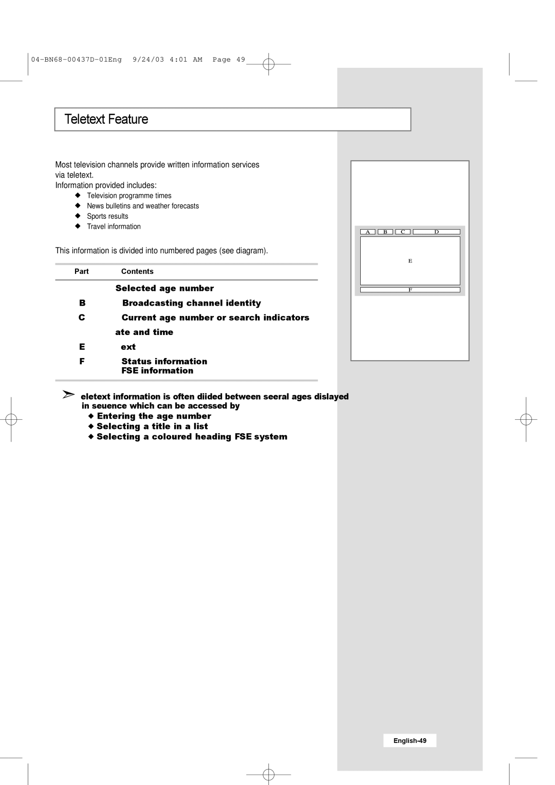 Samsung LW17N23W manual Teletext Feature, This information is divided into numbered pages see diagram 