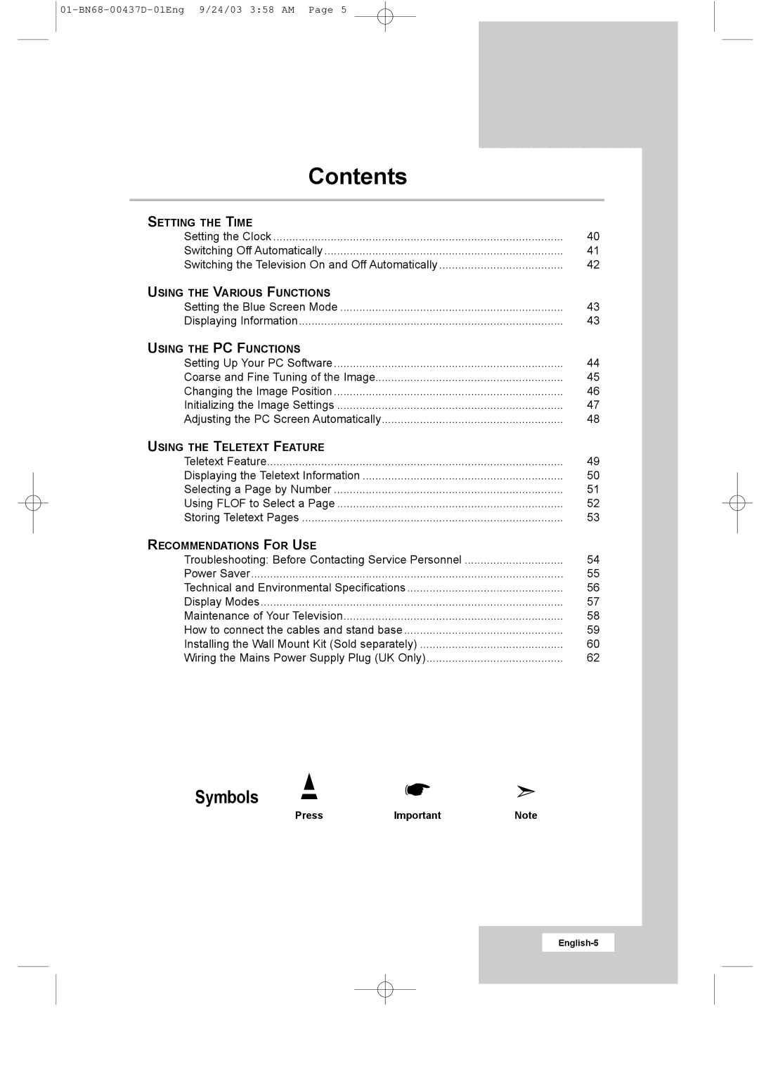 Samsung LW17N23W manual Symbols 