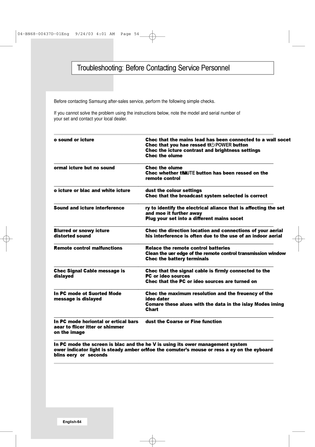 Samsung LW17N23W Troubleshooting Before Contacting Service Personnel, On the image Adjust the Coarse or Fine function 