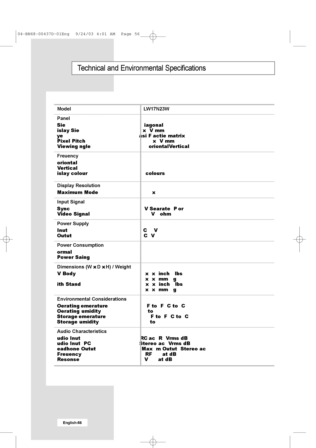 Samsung LW17N23W manual Technical and Environmental Specifications 