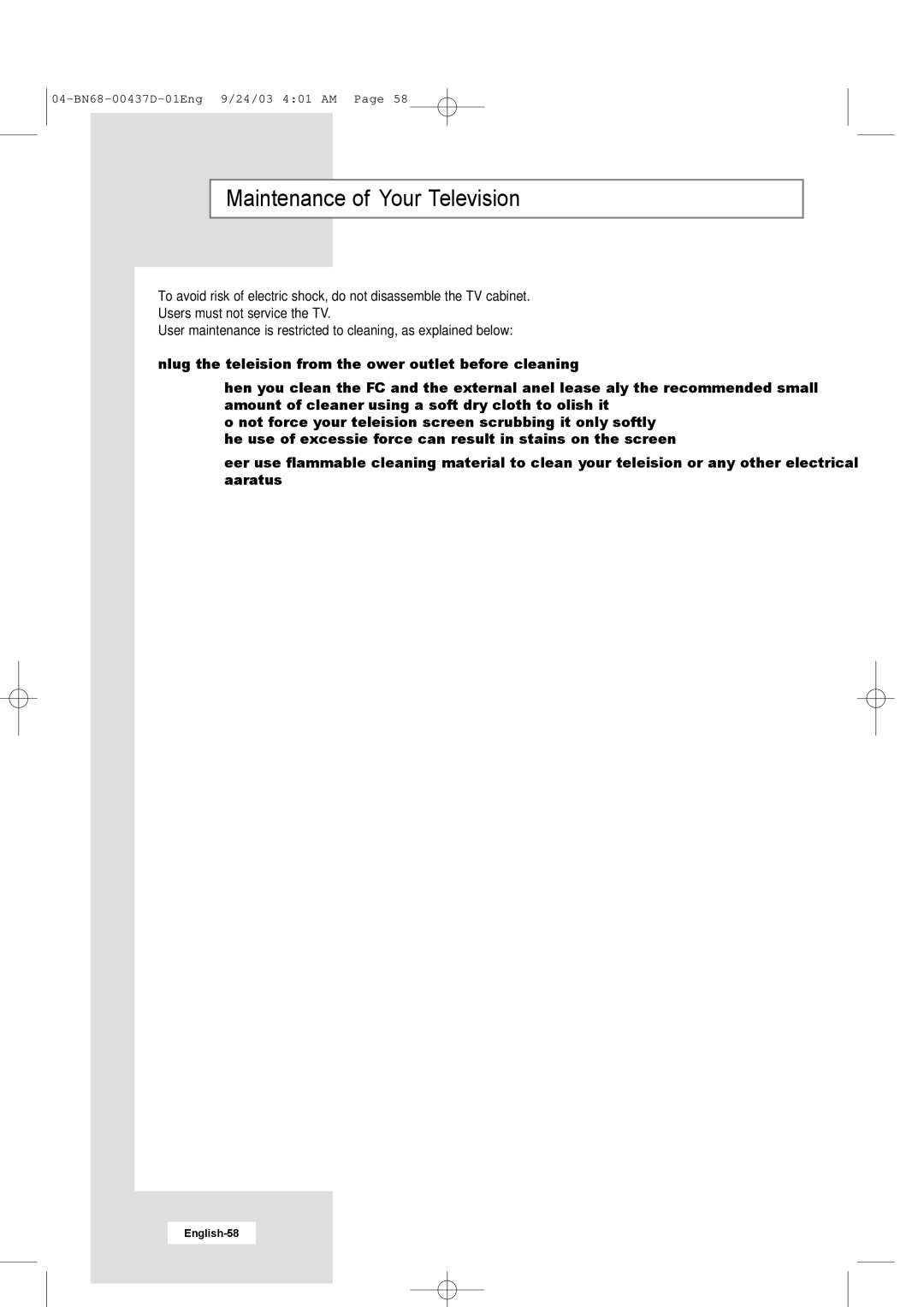 Samsung LW17N23W manual Maintenance of Your Television 