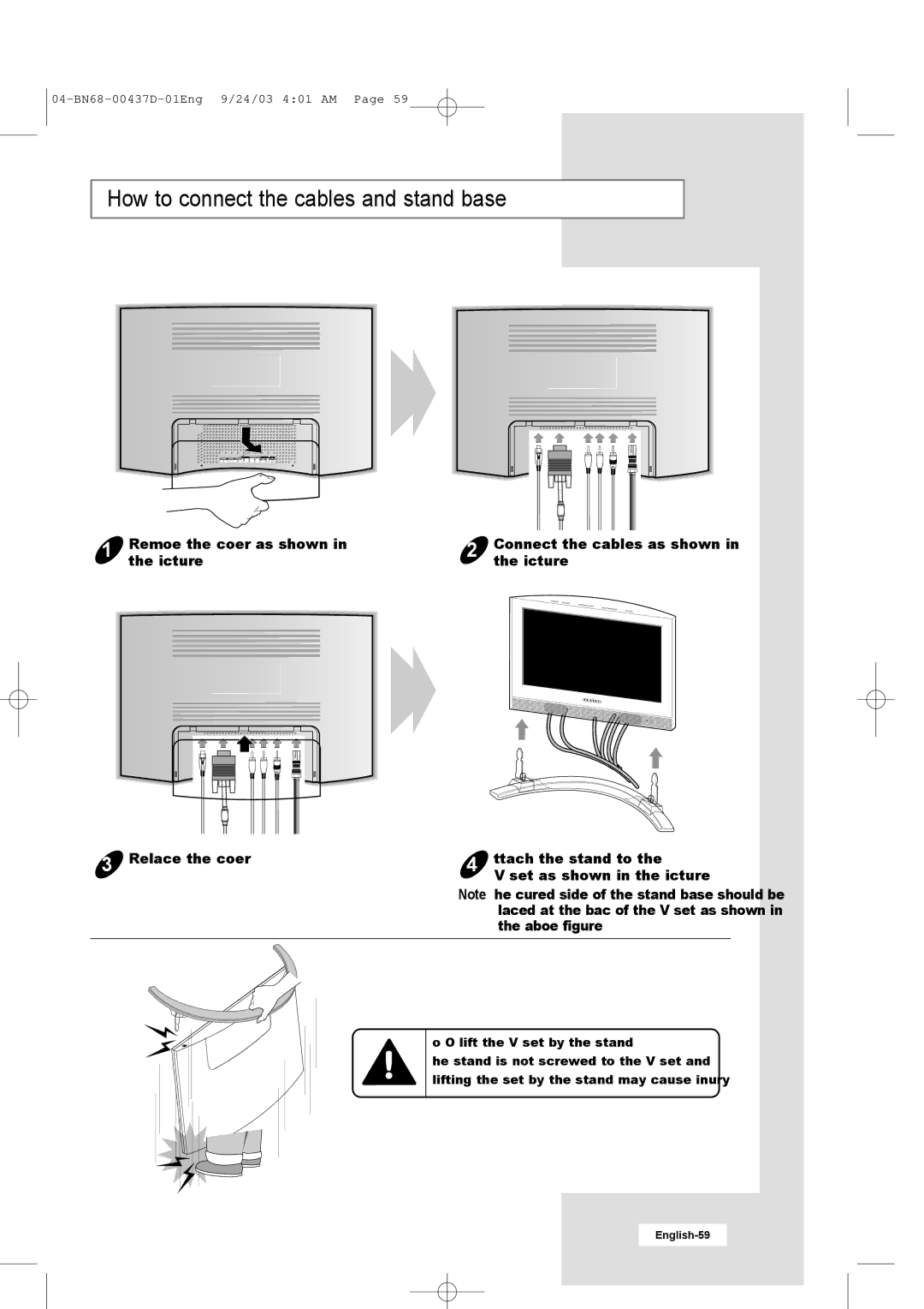 Samsung LW17N23W manual How to connect the cables and stand base, Picture Replace the cover Attach the stand to 