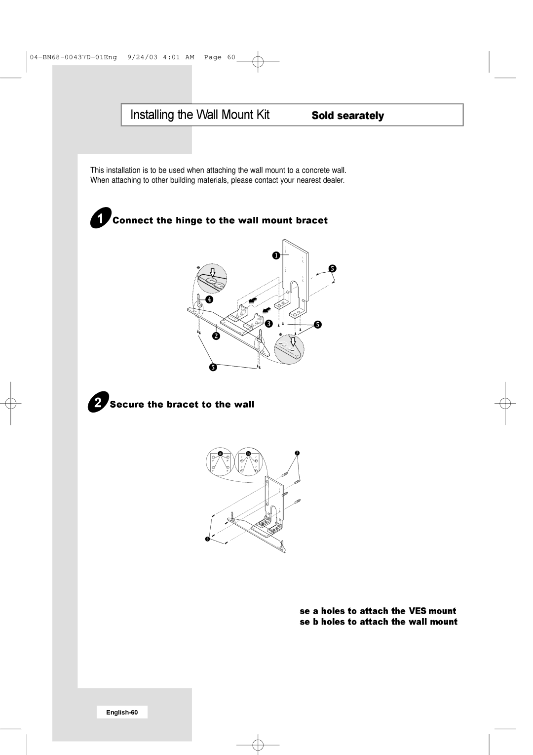 Samsung LW17N23W manual Installing the Wall Mount Kit Sold separately 