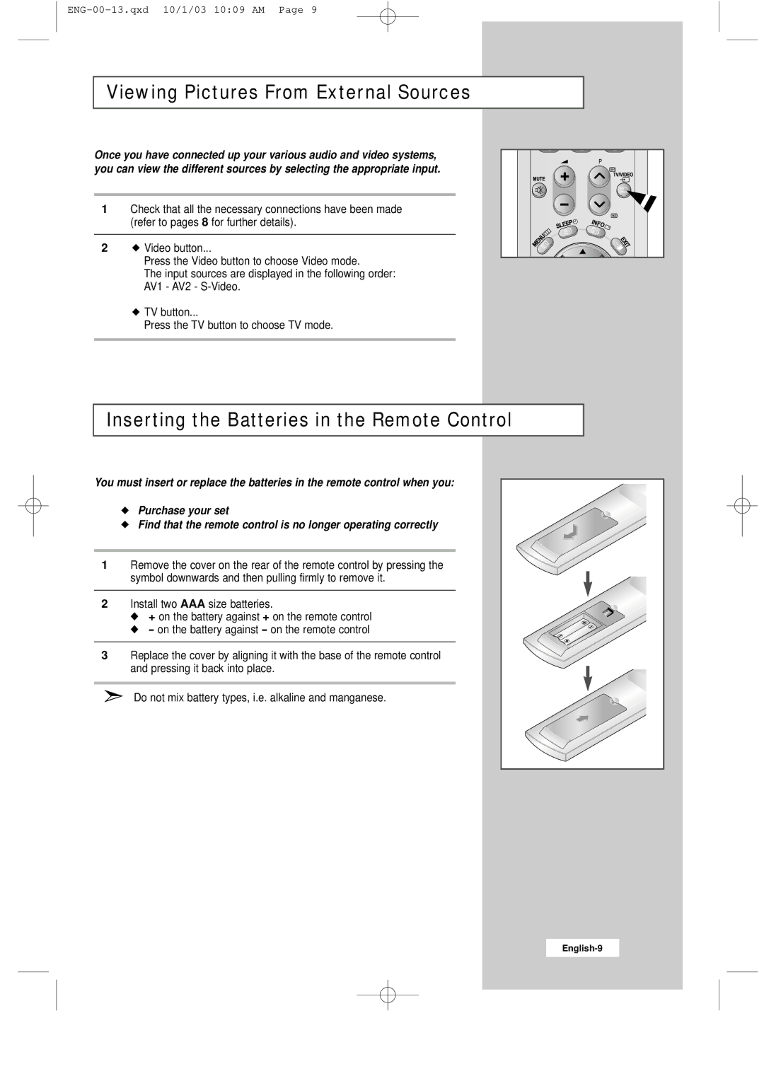 Samsung LW15M13C, LW20M11C, LW17M11C Viewing Pictures From External Sources, Inserting the Batteries in the Remote Control 