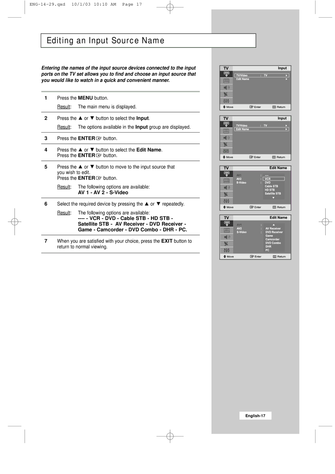 Samsung LW20M11C, LW15M13C, LW17M11C manual Editing an Input Source Name, AV 1 AV 2 S-Video 