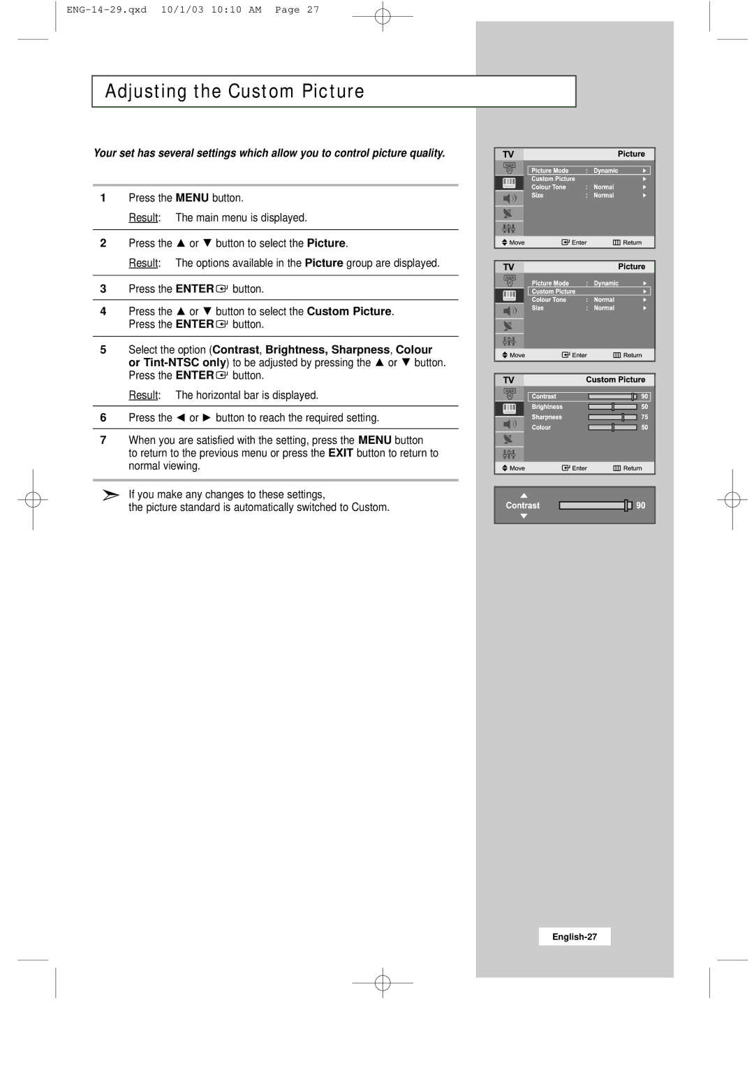 Samsung LW15M13C, LW20M11C, LW17M11C manual Adjusting the Custom Picture 