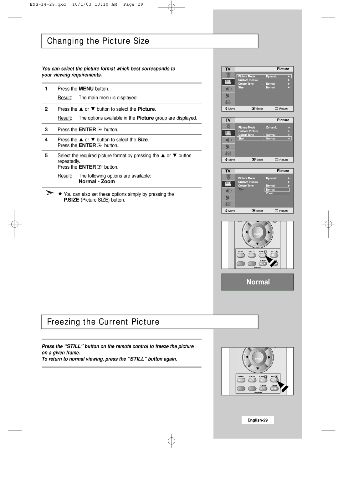 Samsung LW20M11C, LW15M13C, LW17M11C manual Changing the Picture Size, Freezing the Current Picture, Normal Zoom 