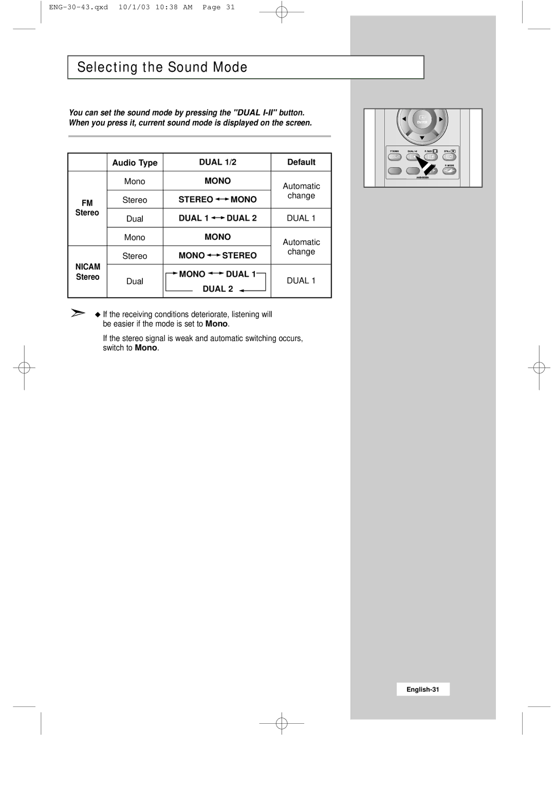 Samsung LW17M11C, LW20M11C, LW15M13C manual Selecting the Sound Mode, Audio Type Dual 1/2 Default Mono 