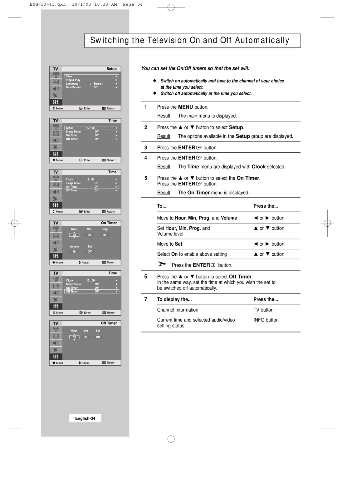 Samsung LW17M11C Switching the Television On and Off Automatically, You can set the On/Off timers so that the set will 