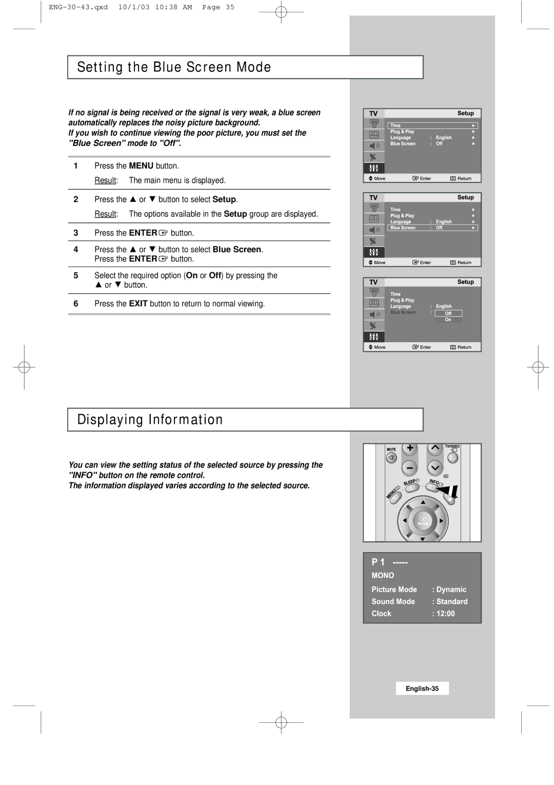 Samsung LW20M11C, LW15M13C, LW17M11C manual Setting the Blue Screen Mode, Displaying Information 