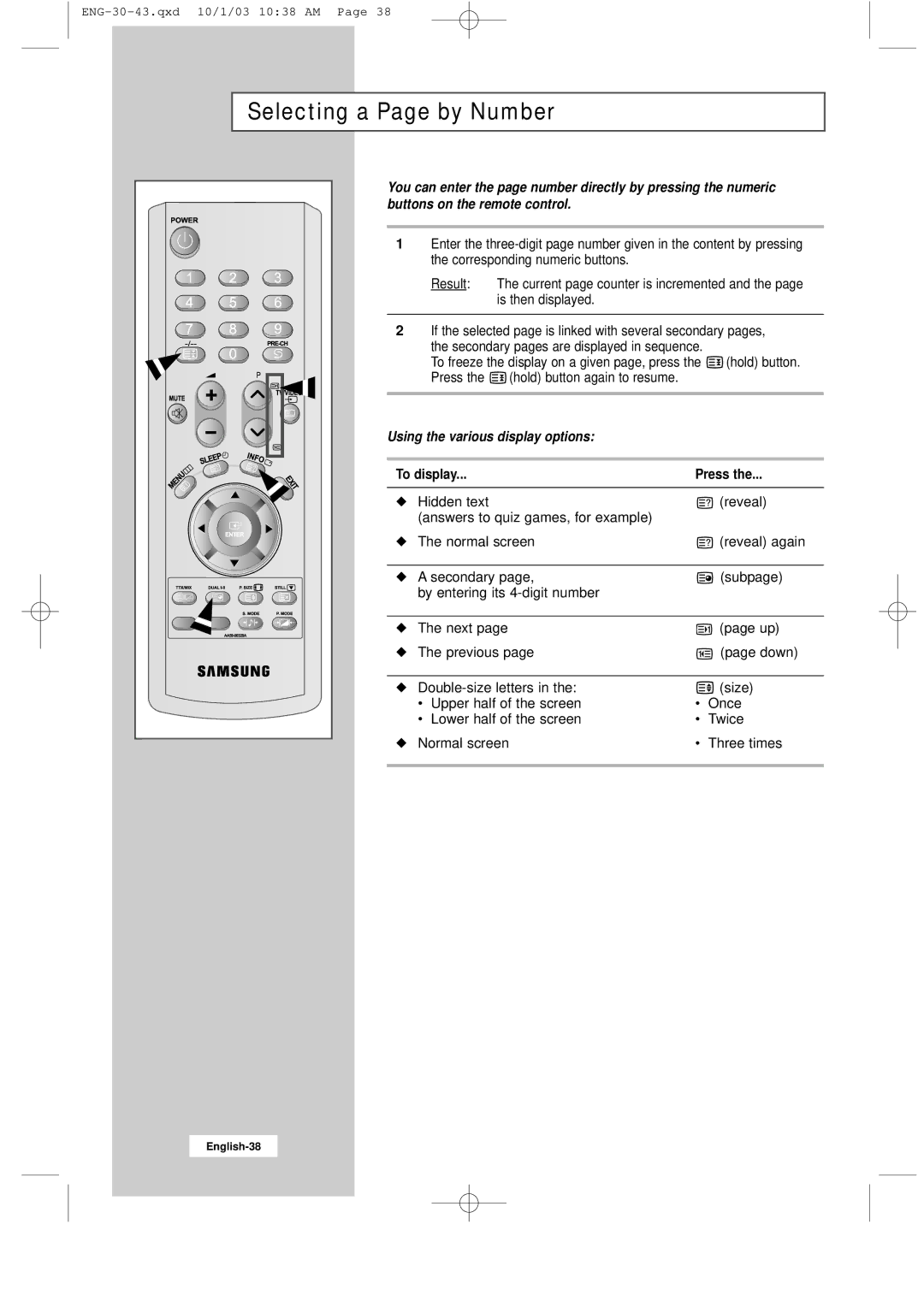 Samsung LW20M11C, LW15M13C, LW17M11C manual Selecting a Page by Number, Using the various display options 