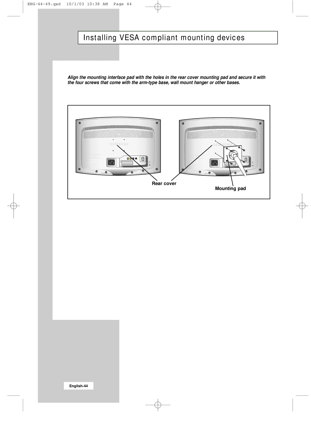 Samsung LW20M11C, LW15M13C, LW17M11C manual Installing Vesa compliant mounting devices, Rear cover Mounting pad 