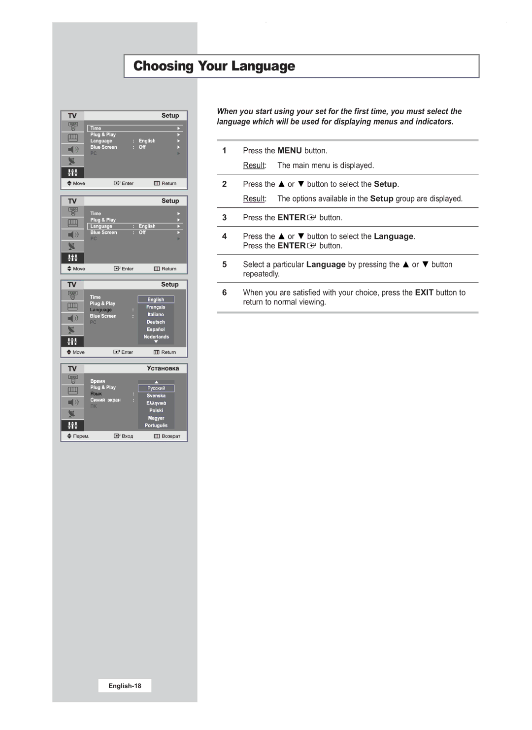 Samsung LW20M22C, LW20M21C, LW17M24CU manual Choosing Your Language 