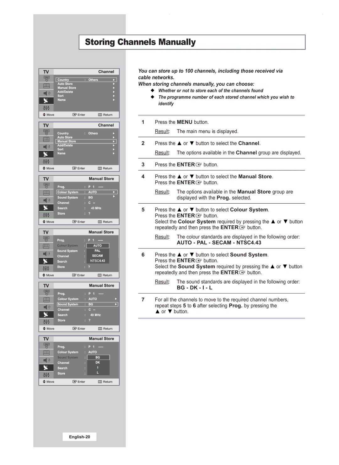 Samsung LW17M24CU, LW20M22C, LW20M21C manual Storing Channels Manually, Bg Dk I L 