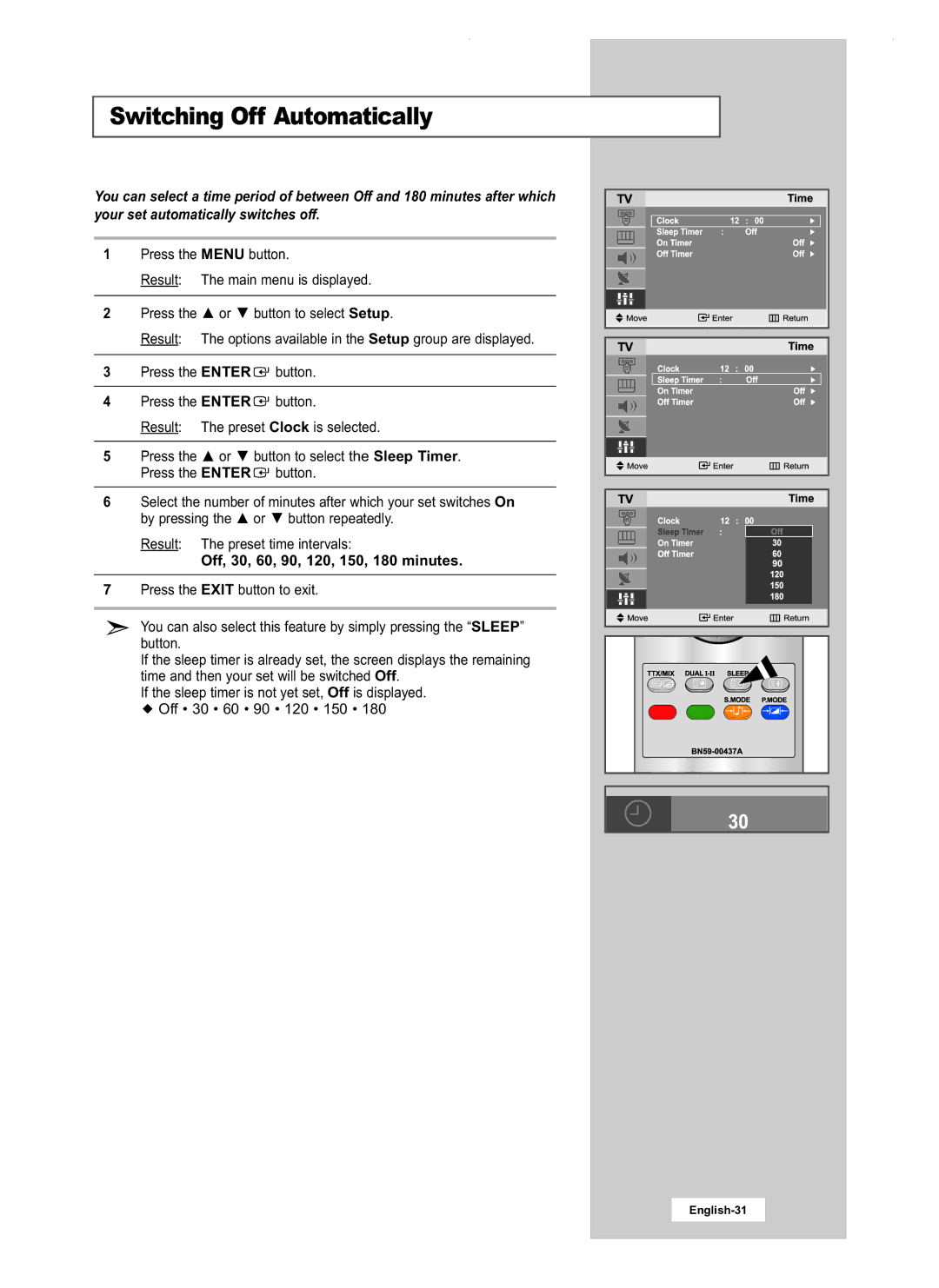 Samsung LW20M21C, LW20M22C, LW17M24CU manual Switching Off Automatically, Off, 30, 60, 90, 120, 150, 180 minutes 