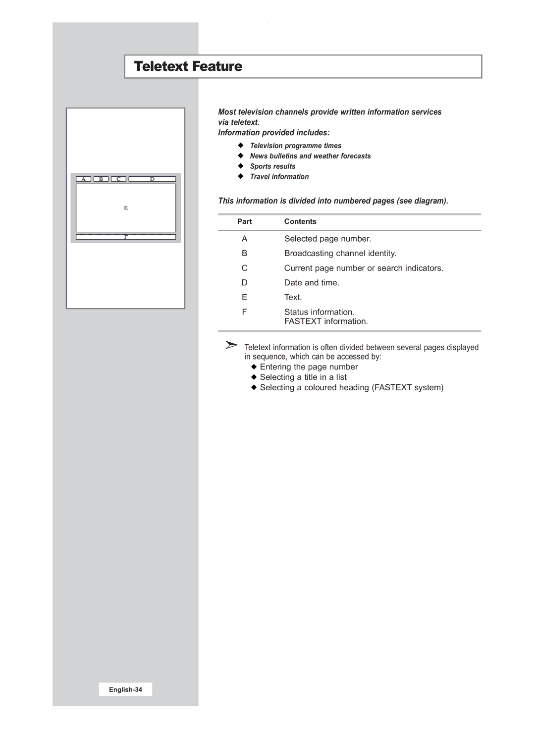 Samsung LW20M22C, LW20M21C, LW17M24CU manual Teletext Feature, This information is divided into numbered pages see diagram 