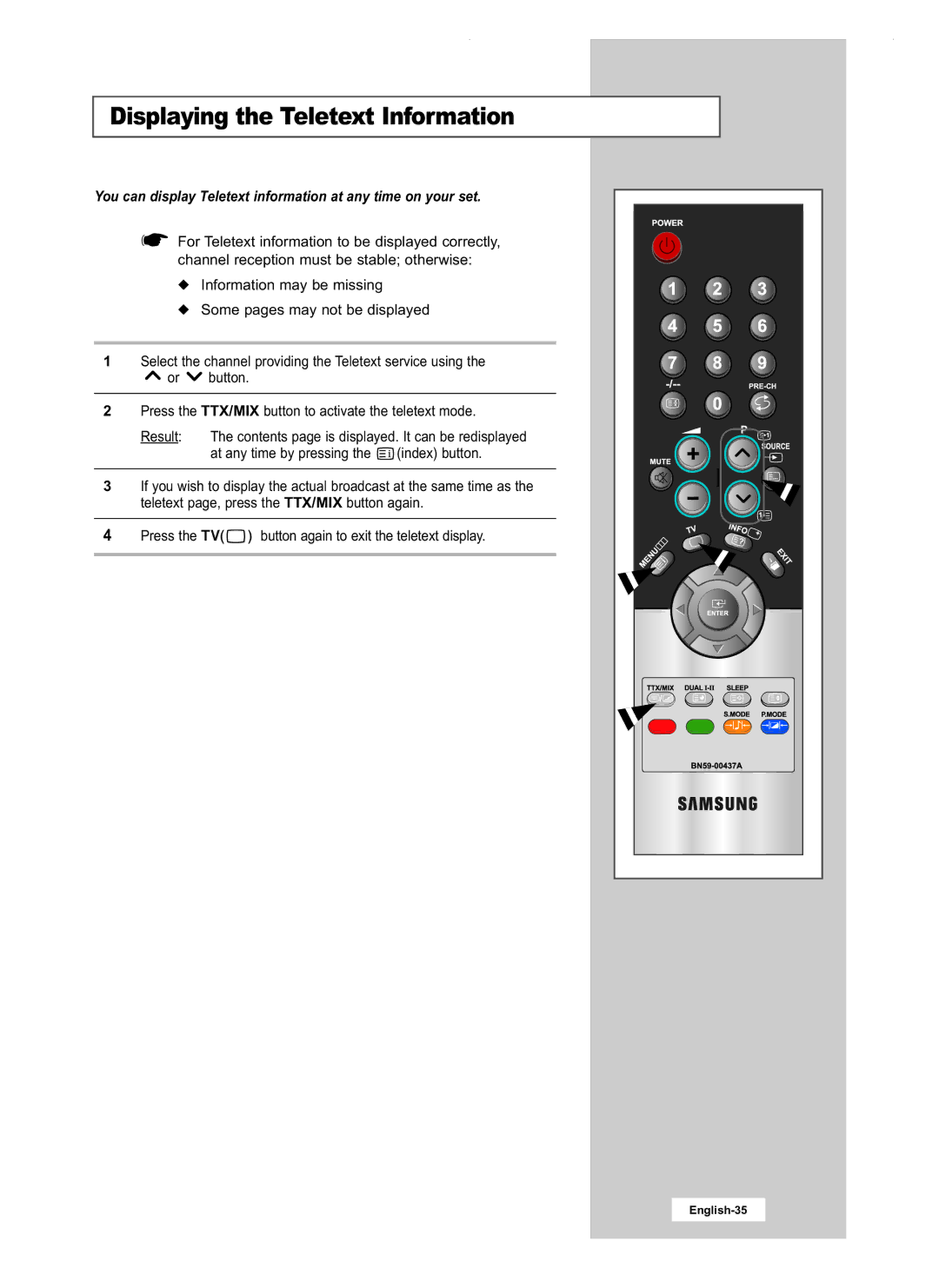 Samsung LW20M21C, LW20M22C, LW17M24CU manual Displaying the Teletext Information, Press the TV 