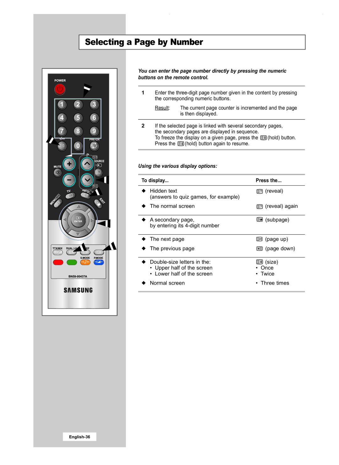 Samsung LW17M24CU, LW20M22C, LW20M21C manual Selecting a Page by Number, Using the various display options, To display Press 