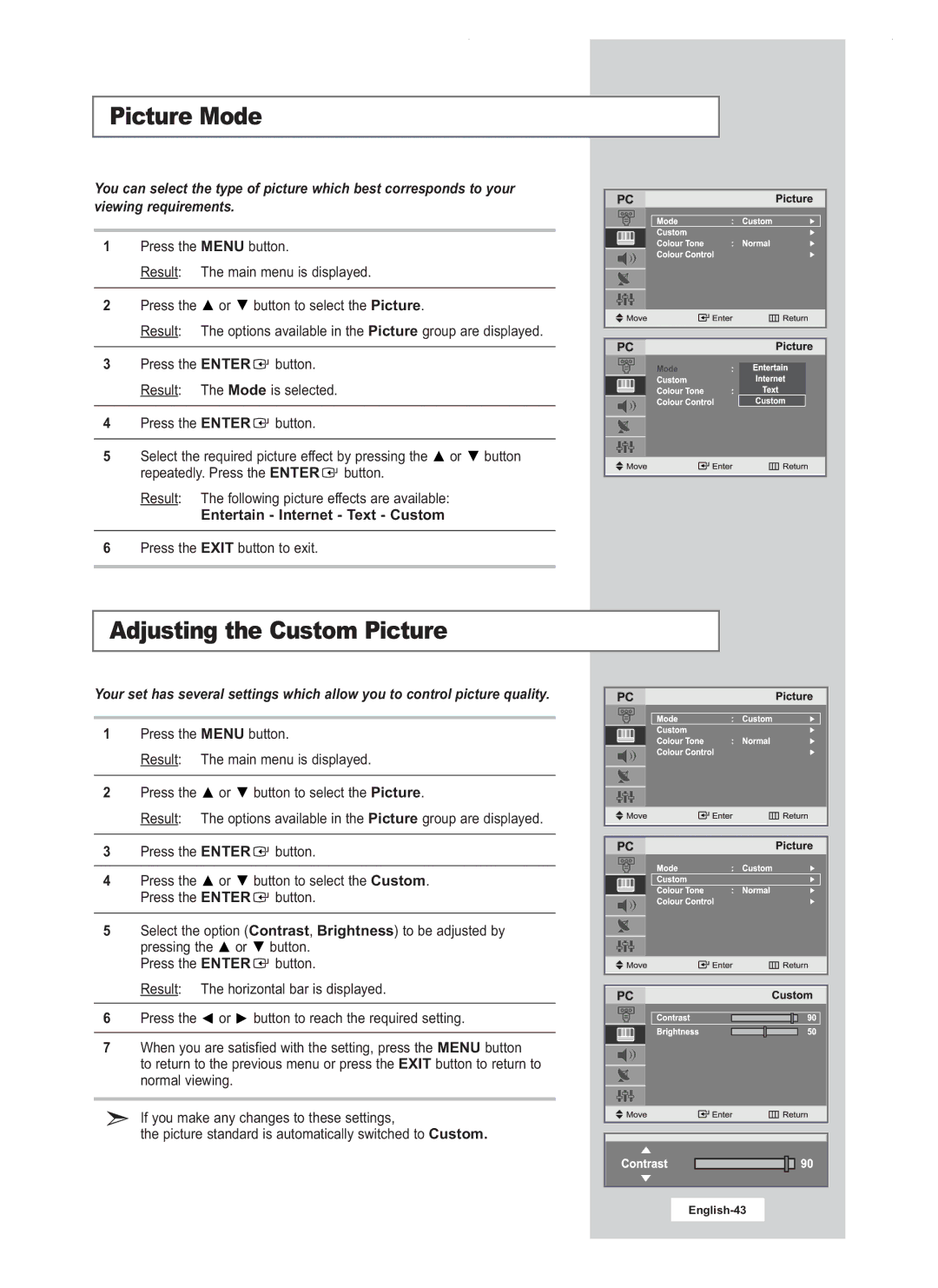 Samsung LW20M21C, LW20M22C, LW17M24CU manual Picture Mode, Entertain Internet Text Custom 