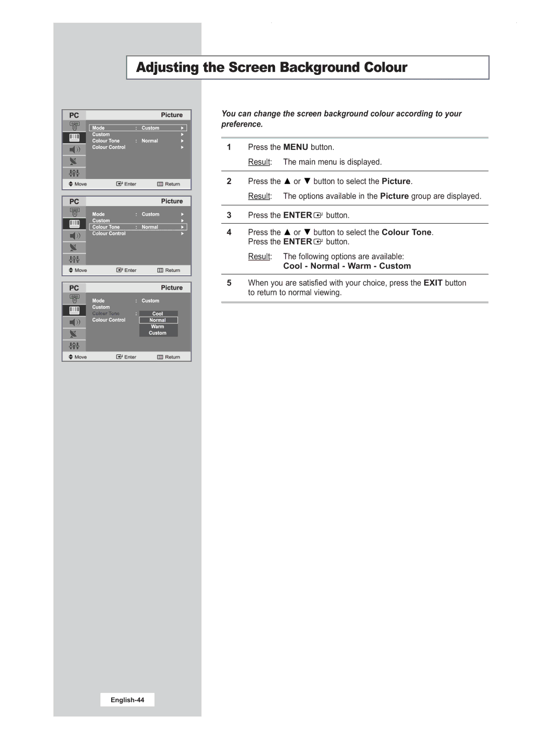 Samsung LW17M24CU, LW20M22C, LW20M21C manual Adjusting the Screen Background Colour, Cool Normal Warm Custom 