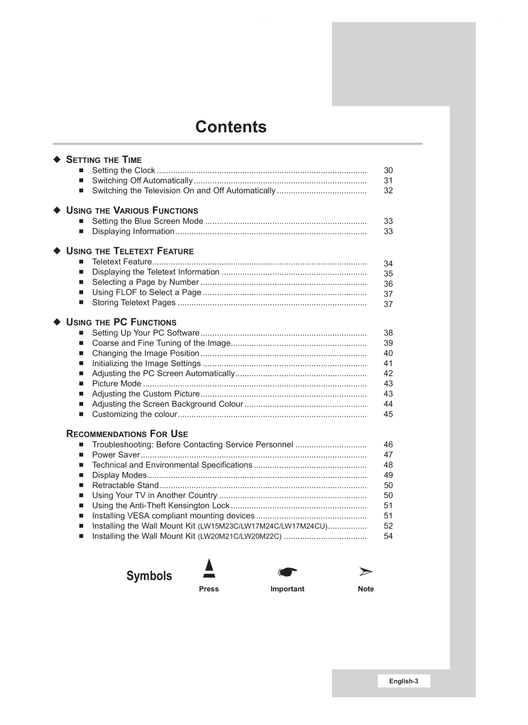 Samsung LW20M21C, LW20M22C, LW17M24CU manual Symbols 